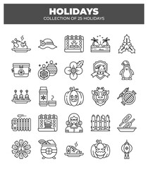 Collection of 25 Holidays. Festive Line Icons for Seasonal Celebrations