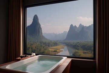 Fototapeta premium A luxurious bathtub offers a breathtaking panorama, overlooking lush green mountains in a serene spa setting, combining relaxation with a stunning view.