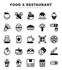 Collection of Food and Restaurant 25 Lineal Filled Icons Pack.