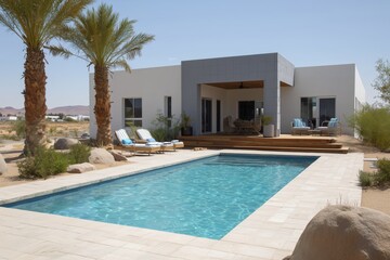 Fototapeta premium Contemporary house with swimming pool and palm trees showcases modern architecture in a sunny desert landscape.