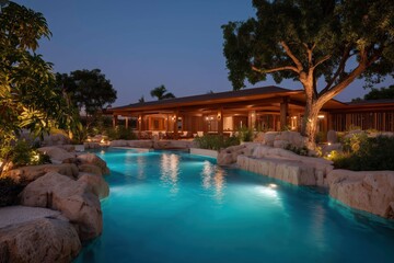 Fototapeta premium Luxury villa with infinity pool at night