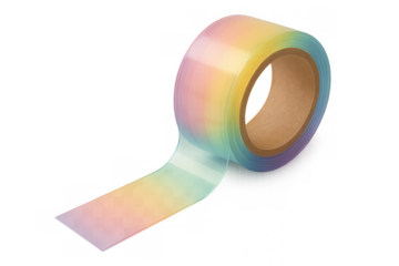 Translucent adhesive tape unrolling multicolored rainbow gradient, showcasing vibrant spectrum on clear surface for design work