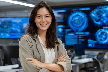 Professional Woman Smiling Confidently in a Modern Office Environment With Technology Screens Displaying Data Analysis, Teamwork, Innovation