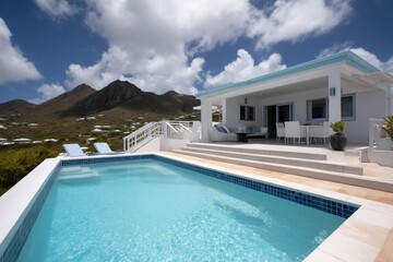 Fototapeta premium Luxury villa with a inviting swimming pool, offering a picturesque vista of the mountain, a sunny daytime paradise.