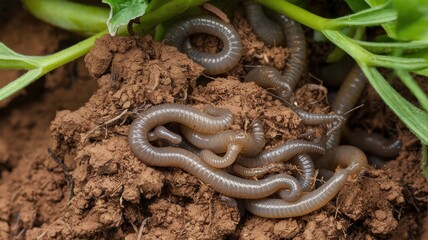 Fototapeta premium Close-up view of earthworms in soil.