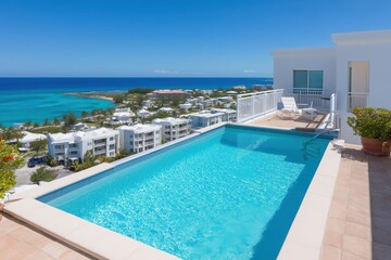 Fototapeta premium A luxurious rooftop pool offering stunning views, pristine waters and inviting relaxation, beckons with the promise of an unforgettable experience.
