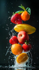 flying fruit salad ingredients with a splash of water on a black background