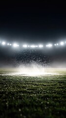 Dramatic View Of Illuminated Stadium Field At Night With Green Grass And Intense Lighting