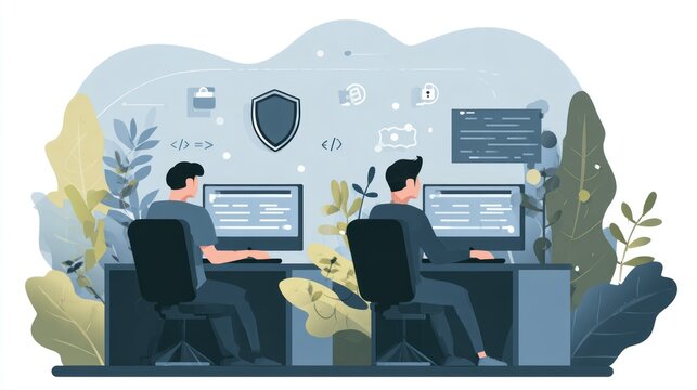 Two programmers working at computers in a modern office