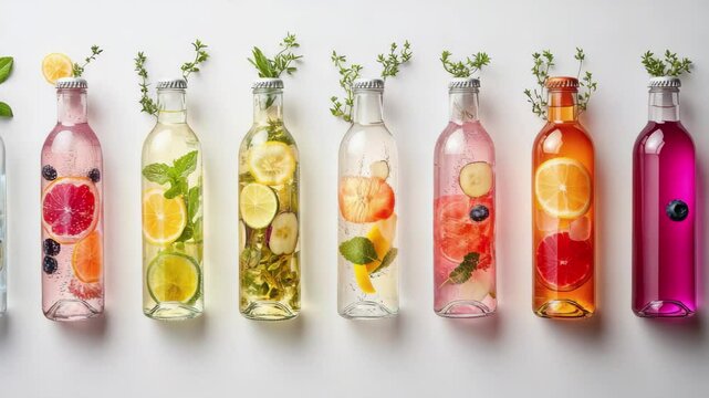 Seven bottles of refreshing fruitinfused water arranged in a row on a white background