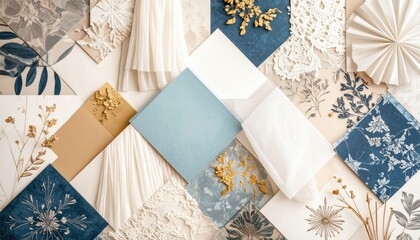 Elegant Abstract Arrangement Of Squares In Blue White And Gold With Floral And Snowflake Patterns