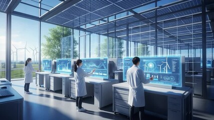 Advanced Research Teams Analyze Renewable Energy Data in Modern Lab - Powered by Adobe