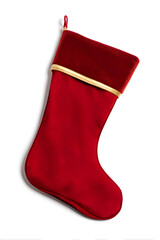 A red Christmas stocking with a golden trim lies on a white background. The image is festive, clean, and perfect for seasonal promotions or holiday mockups. It conveys tradition, joy, and gift anticip