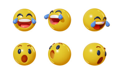 set 3d emoji laughing and surprised wow emoji face in various points of view