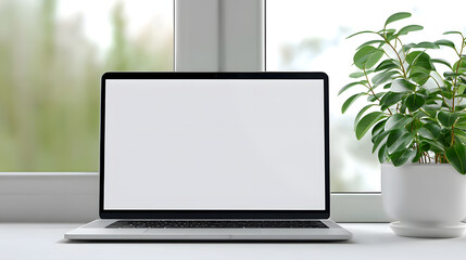 A laptop with a blank white screen stands on a desk by a bright window. The image invites use for UI mockups, remote work visuals, or digital presentations. Clean and neutral.