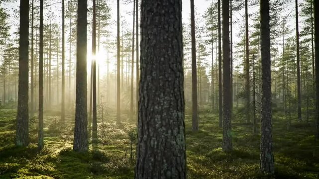 Morning Sunlight Streaming Through Dense Forest Trees