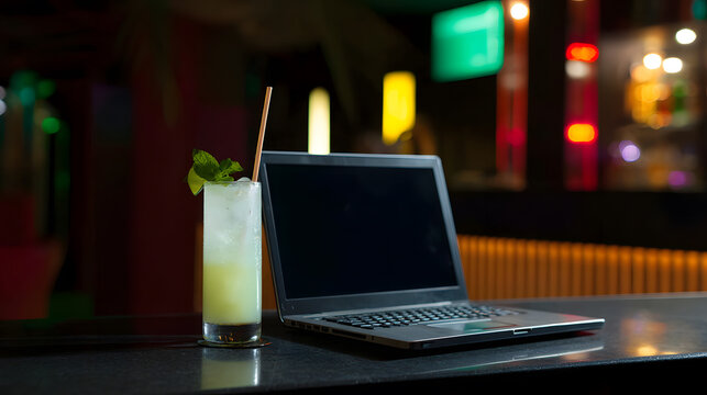 A laptop with a dark screen sits beside a refreshing cocktail in a bar setting. The ambient light suggests nightlife, remote work, or digital nomad life. Great for freelance and travel content. - Powered by Adobe