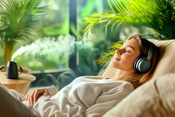 a calm woman finding peace and stress relief with music in a cozy living room