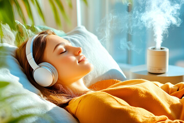 wellness and self-care concept, a serene woman listening to calming music at home