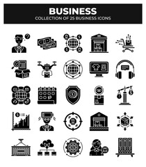 Collection of 25 Business Icons: Black Glyph Style
