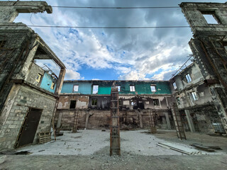destroyed and burned houses in the city in Ukraine