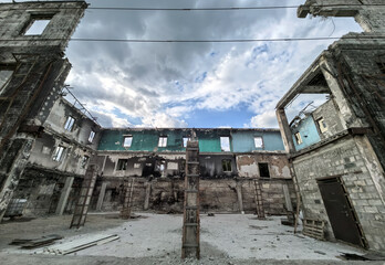 destroyed and burned houses in the city in Ukraine