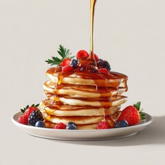 Stack of Pancakes with Berries and Pouring Syrup on White Plate