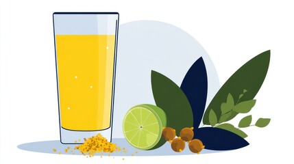 Yellow drink, lime, and leaves