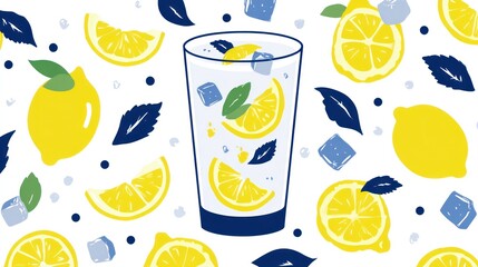 Refreshing lemonade in a glass, surrounded by lemon slices and leaves (1)