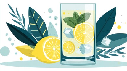 Refreshing lemon drink with ice and mint