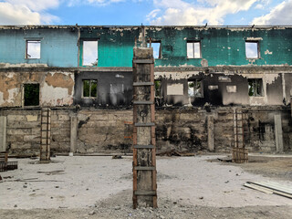 destroyed and burned houses in the city in Ukraine