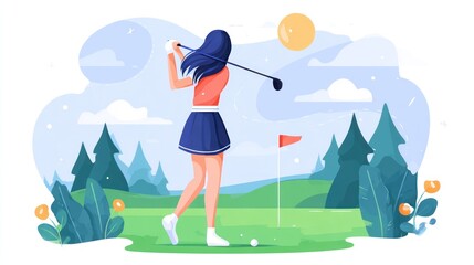 Woman golfing in a scenic course