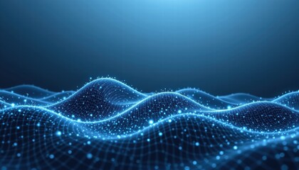 Abstract digital landscape with glowing blue waves formed by connectivity lines and points, representing data flow and technology in a futuristic environment