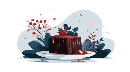 A slice of chocolate cake with berries, presented on a plate amidst foliage