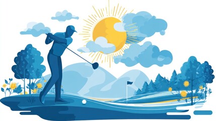 Golfing silhouette in a sunny landscape