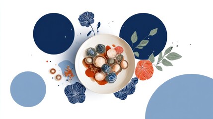 Gourmet dish arrangement on a plate, surrounded by abstract shapes and floral elements