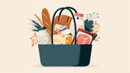 Grocery shopping bag filled with various food items