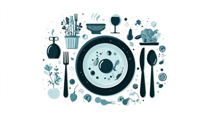 Flat lay of a stylishly arranged dinner plate with various food and utensil elements