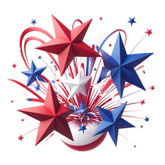 Exploding red and blue fireworks with stars on black background. Festival, fun,sparkler, celebration