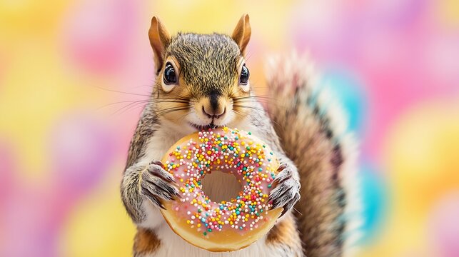 Adorable squirrel holding a delicious doughnut with a colorful sprinkles decoration, showing love for sweet treats