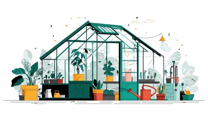 Greenhouse illustration with plants and gardening tools