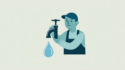 A smiling person in work clothes holding a water faucet with water dripping