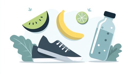 Healthy lifestyle graphic with fruit, water bottle, and sneakers