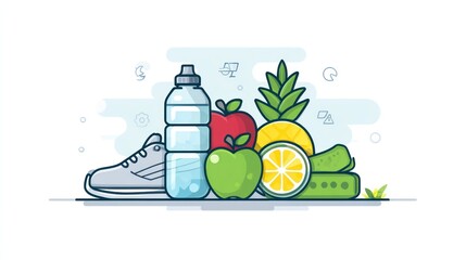 Healthy lifestyle illustration with fruits and water bottle