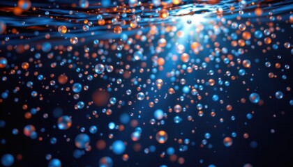 Abstract Bubbles and Light Rays Underwater Scene with Blue Background and Sparkling Effects for Creative Design Projects