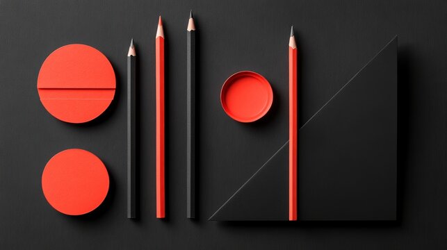 A flat lay of red circles and pencils on a black background creating a minimalist composition art style