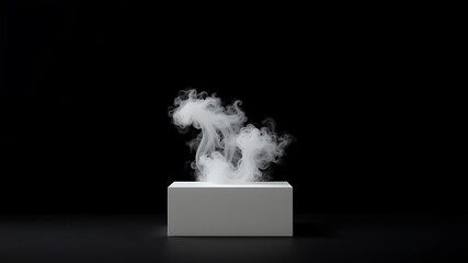 Abstract white smoke billows dramatically from a minimalist white cube against a stark black background creating a captivating visual
