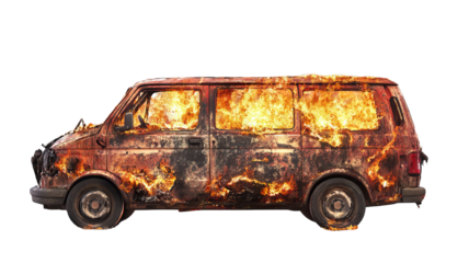 High-resolution transparent PNG cutout of a minivan engulfed in raging engine fire with extensive charred metal, billowing smoke, and crash damage—perfect for emergency response, safety training