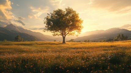 Fototapeta premium A lone tree sits in a field with mountains under a beautiful golden sunset. Use this peaceful image for projects about nature, serenity, or the outdoors.