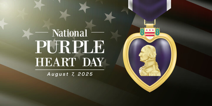 August 7, 2025 is National Purple Heart Day. Purple heart medal, american flag and light. Great for posters, banners, and social media. Black background.